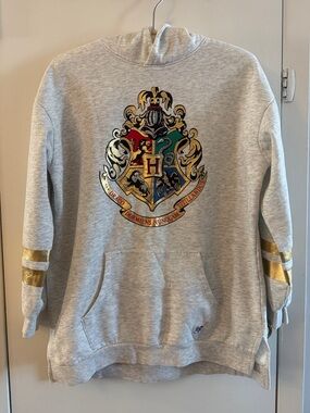 Harry Potter Grey Crewneck Sweater with Metallic Crest and Gold Sleeve Stripes